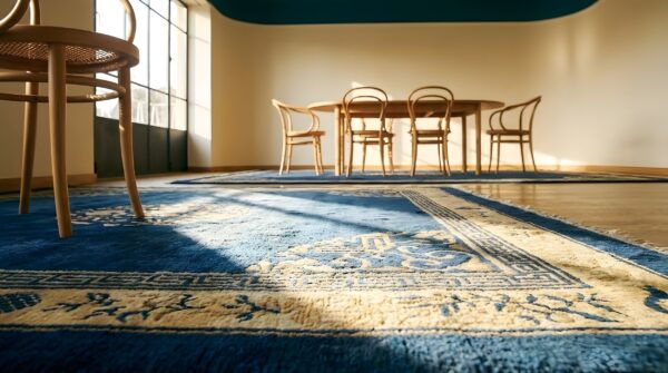 Wool rectangle antique 1890s blue hand knotted pile rug 11 Wool rectangle antique 1890s blue hand knotted pile rug (sku 24901) - in-room detail