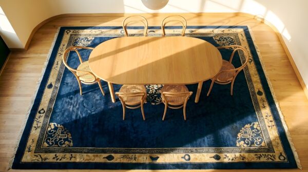 Wool rectangle antique 1890s blue hand knotted pile rug 2 Wool rectangle antique 1890s blue hand knotted pile rug (sku 24901) - styled overhead view