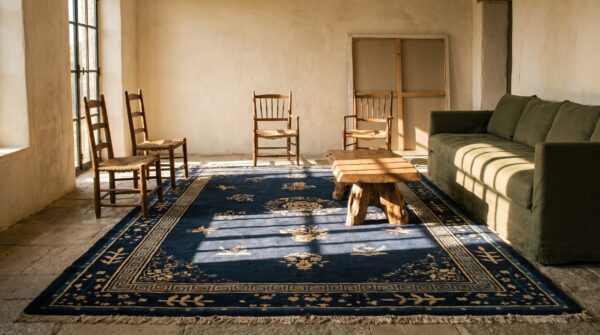 Antique rectangle 1900s blue wool hand knotted pile rug 11 Antique rectangle 1900s blue wool hand knotted pile rug (sku 22834) - room view