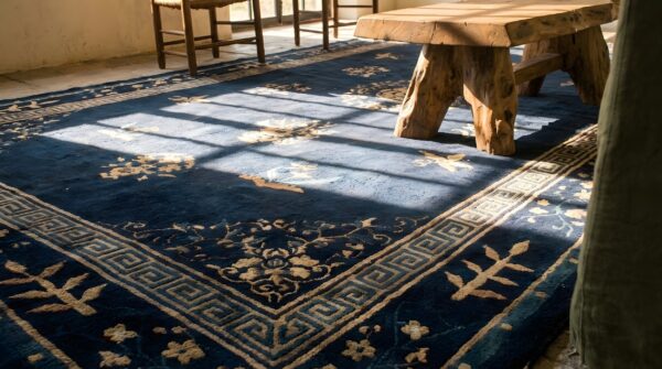 Antique rectangle 1900s blue wool hand knotted pile rug 12 Antique rectangle 1900s blue wool hand knotted pile rug (sku 22834) - in-room detail