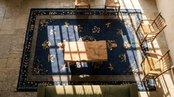 Antique rectangle 1900s blue wool hand knotted pile rug 2 Antique rectangle 1900s blue wool hand knotted pile rug (sku 22834) - styled overhead view