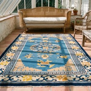 Rectangle Hand Knotted Pile Wool Antique 1900s Blue Floral Medallion Rug (SKU 23116) - room view