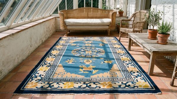 Rectangle hand knotted pile wool antique 1900s blue floral medallion rug 9 Rectangle hand knotted pile wool antique 1900s blue floral medallion rug (sku 23116) - room view