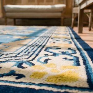 Rectangle Hand Knotted Pile Wool Antique 1900s Blue Floral Medallion Rug (SKU 23116) - in-room detail