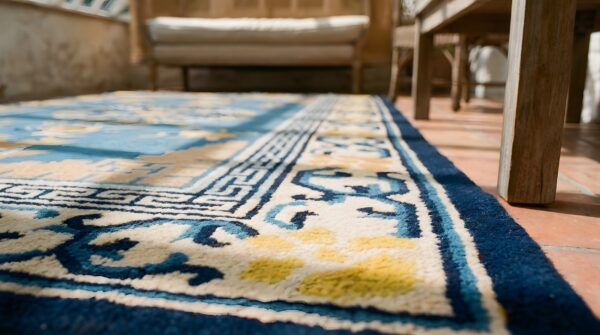 Rectangle hand knotted pile wool antique 1900s blue floral medallion rug 10 Rectangle hand knotted pile wool antique 1900s blue floral medallion rug (sku 23116) - in-room detail