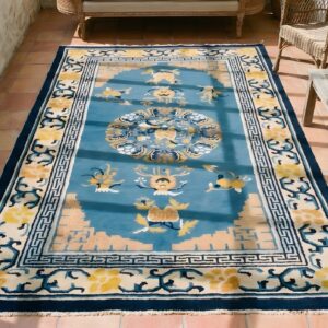 Rectangle Hand Knotted Pile Wool Antique 1900s Blue Floral Medallion Rug (SKU 23116) - styled overhead view