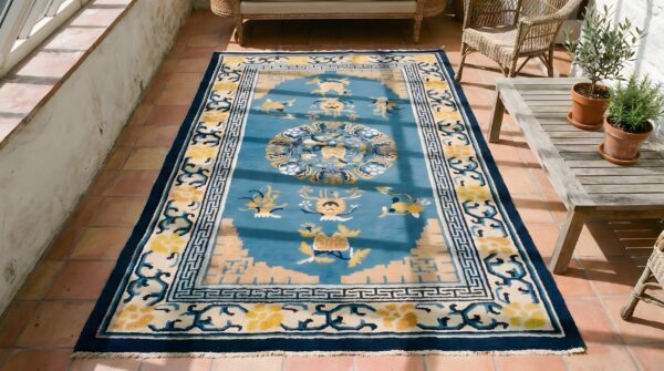 Rectangle hand knotted pile wool antique 1900s blue floral medallion rug 2 Rectangle hand knotted pile wool antique 1900s blue floral medallion rug (sku 23116) - styled overhead view
