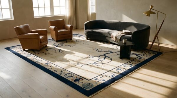 Rectangle 1900s ivory beige cream white wool antique hand knotted pile rug (sku 23726) - room view