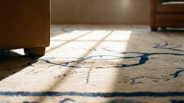 Rectangle 1900s ivory beige cream white wool antique hand knotted pile rug (sku 23726) - in-room detail
