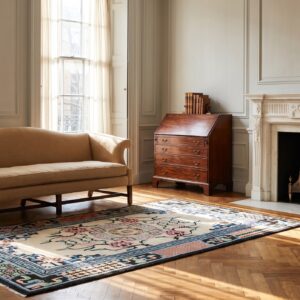 Rectangle 1900s Ivory Beige Cream White Floral Medallion Antique Hand Knotted Pile Wool Rug (SKU 21831) - room view