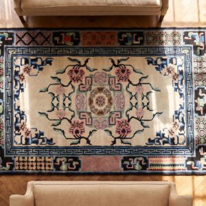 Rectangle 1900s Ivory Beige Cream White Floral Medallion Antique Hand Knotted Pile Wool Rug (SKU 21831) - styled overhead view