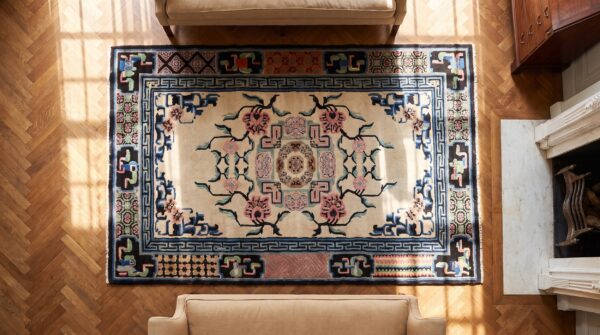 Rectangle 1900s ivory beige cream white floral medallion antique hand knotted pile wool rug 2 Rectangle 1900s ivory beige cream white floral medallion antique hand knotted pile wool rug (sku 21831) - styled overhead view