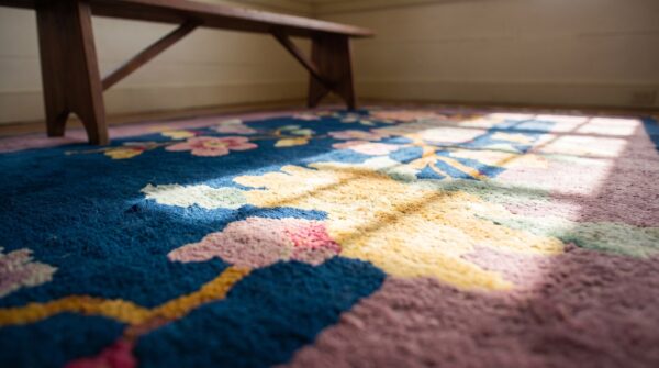 Hand knotted pile antique rectangle 1920s blue wool rug 10 Hand knotted pile antique rectangle 1920s blue wool rug (sku 24083) - in-room detail