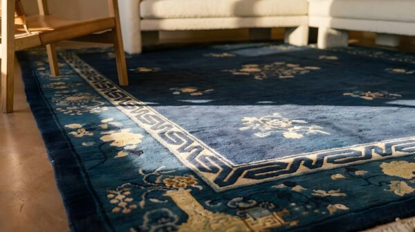 Rectangle wool antique 1920s blue hand knotted pile floral rug 8 Rectangle wool antique 1920s blue hand knotted pile floral rug (sku 25651) - in-room detail