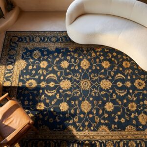 Rectangle Wool Antique 1920s Blue Hand Knotted Pile Floral Rug (SKU 25651) - styled overhead view