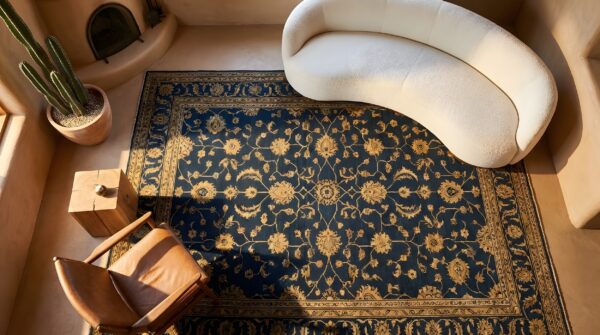 Rectangle wool antique 1920s blue hand knotted pile floral rug 2 Rectangle wool antique 1920s blue hand knotted pile floral rug (sku 25651) - styled overhead view