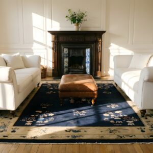 Wool Rectangle 1920s Hand Knotted Pile Blue Ivory Beige Cream White Antique Rug (SKU 24627) - room view