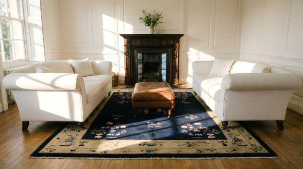 Wool rectangle 1920s hand knotted pile blue ivory beige cream white antique rug 10 Wool rectangle 1920s hand knotted pile blue ivory beige cream white antique rug (sku 24627) - room view