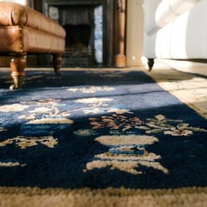 Wool Rectangle 1920s Hand Knotted Pile Blue Ivory Beige Cream White Antique Rug (SKU 24627) - in-room detail