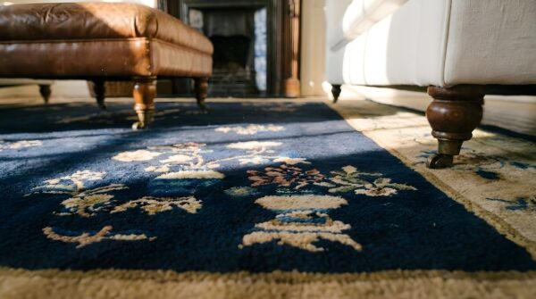 Wool rectangle 1920s hand knotted pile blue ivory beige cream white antique rug 11 Wool rectangle 1920s hand knotted pile blue ivory beige cream white antique rug (sku 24627) - in-room detail
