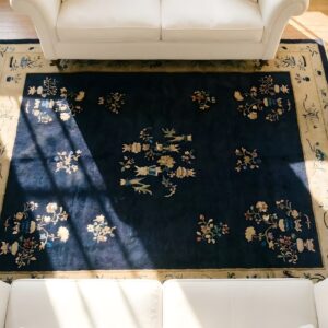 Wool Rectangle 1920s Hand Knotted Pile Blue Ivory Beige Cream White Antique Rug (SKU 24627) - styled overhead view