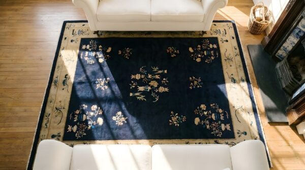 Wool rectangle 1920s hand knotted pile blue ivory beige cream white antique rug 2 Wool rectangle 1920s hand knotted pile blue ivory beige cream white antique rug (sku 24627) - styled overhead view