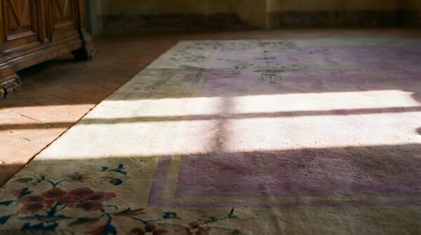 Rectangle 1920s chinese - art deco purple room size antique wool knotted rug 8 Rectangle 1920s chinese - art deco purple room size antique wool knotted rug (sku 25448) - in-room detail