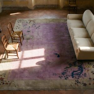 Rectangle 1920s Chinese - Art Deco Purple Room Size Antique Wool Knotted Rug (SKU 25448) - styled overhead view