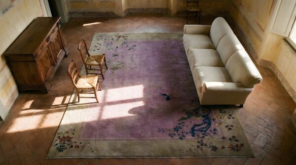 Rectangle 1920s chinese - art deco purple room size antique wool knotted rug 2 Rectangle 1920s chinese - art deco purple room size antique wool knotted rug (sku 25448) - styled overhead view