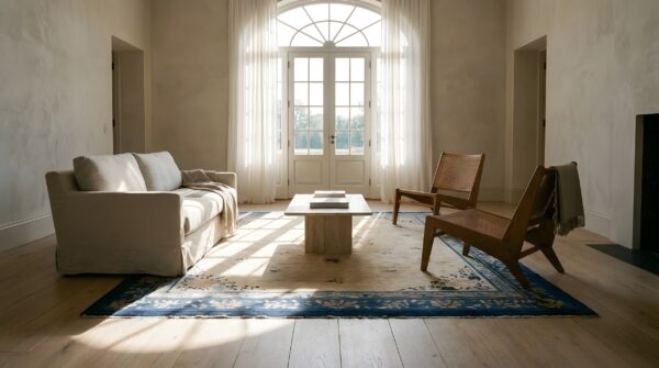 Antique knotted rectangle 1920s chinese - peking wool ivory room size rug (sku 25805) - room view