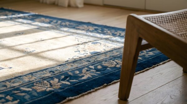 Antique knotted rectangle 1920s chinese - peking wool ivory room size rug (sku 25805) - in-room detail