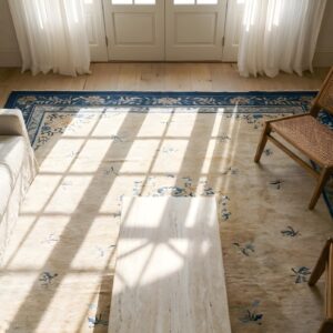 Antique Knotted Rectangle 1920s Chinese - Peking Wool Ivory Room Size Rug (SKU 25805) - styled overhead view