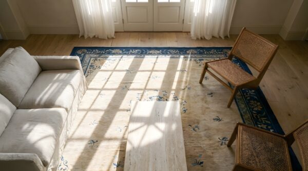 Antique knotted rectangle 1920s chinese - peking wool ivory room size rug (sku 25805) - styled overhead view