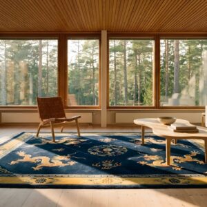 Rectangle 1920s Hand Knotted Pile Floral Medallion Wool Antique Blue Rug (SKU 25630) - room view