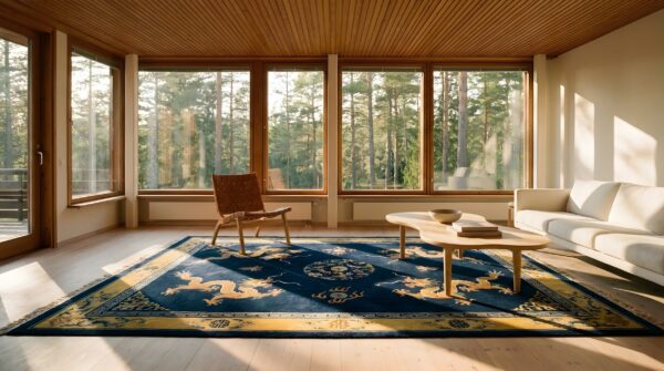 Rectangle 1920s hand knotted pile floral medallion wool antique blue rug 7 Rectangle 1920s hand knotted pile floral medallion wool antique blue rug (sku 25630) - room view