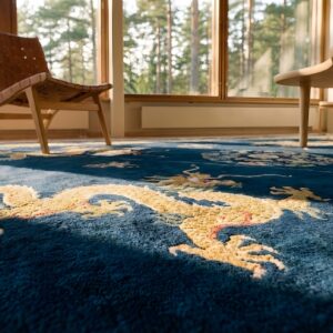Rectangle 1920s Hand Knotted Pile Floral Medallion Wool Antique Blue Rug (SKU 25630) - in-room detail