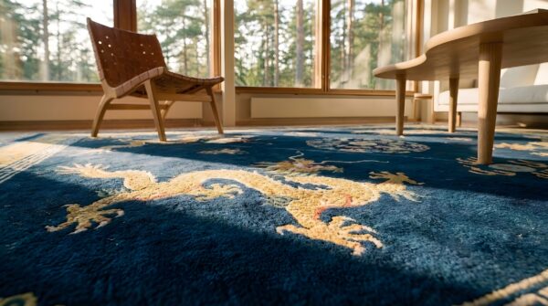 Rectangle 1920s hand knotted pile floral medallion wool antique blue rug 8 Rectangle 1920s hand knotted pile floral medallion wool antique blue rug (sku 25630) - in-room detail