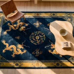 Rectangle 1920s Hand Knotted Pile Floral Medallion Wool Antique Blue Rug (SKU 25630) - styled overhead view