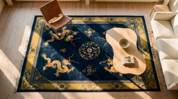 Rectangle 1920s hand knotted pile floral medallion wool antique blue rug 2 Rectangle 1920s hand knotted pile floral medallion wool antique blue rug (sku 25630) - styled overhead view