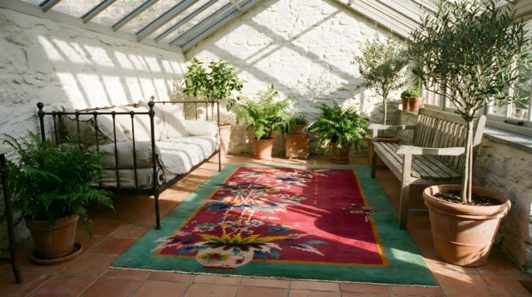 Rectangle hand knotted pile 1920s antique wool red rug (sku 25153) - room view