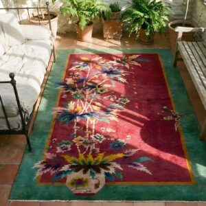 Rectangle Hand Knotted Pile 1920s Antique Wool Red Rug (SKU 25153) - styled overhead view