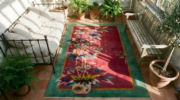 Rectangle hand knotted pile 1920s antique wool red rug (sku 25153) - styled overhead view