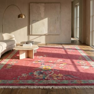 Rectangle Wool 1920s Knotted Room Size Chinese Antique - Art Deco Coral Rug (SKU 21720) - room view