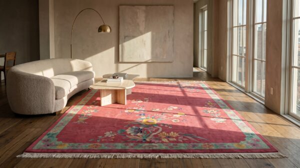 Rectangle wool 1920s knotted room size chinese antique - art deco coral rug 5 Rectangle wool 1920s knotted room size chinese antique - art deco coral rug (sku 21720) - room view