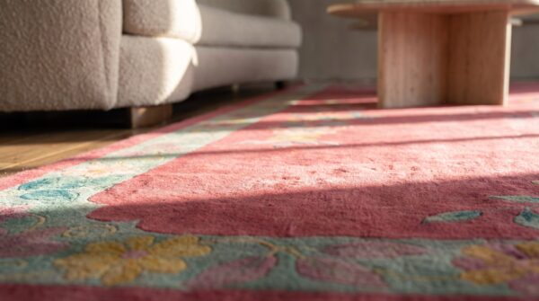 Rectangle wool 1920s knotted room size chinese antique - art deco coral rug 6 Rectangle wool 1920s knotted room size chinese antique - art deco coral rug (sku 21720) - in-room detail