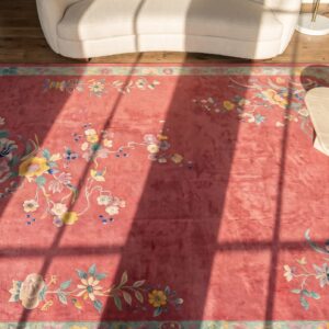 Rectangle Wool 1920s Knotted Room Size Chinese Antique - Art Deco Coral Rug (SKU 21720) - styled overhead view
