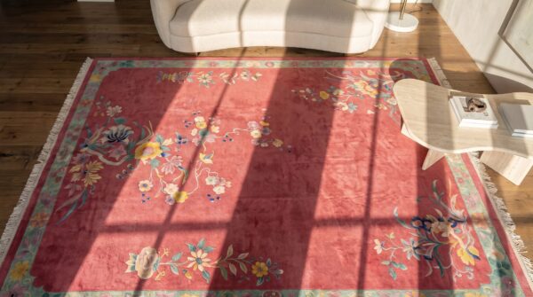 Rectangle wool 1920s knotted room size chinese antique - art deco coral rug 2 Rectangle wool 1920s knotted room size chinese antique - art deco coral rug (sku 21720) - styled overhead view