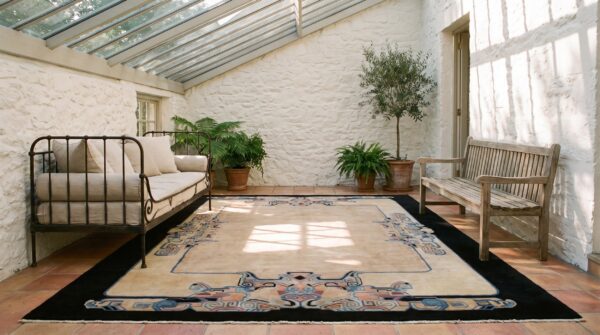 Rectangle 1920s room size chinese - art deco knotted antique wool ivory rug (sku 23335) - room view