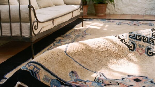 Rectangle 1920s room size chinese - art deco knotted antique wool ivory rug (sku 23335) - in-room detail