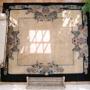 Rectangle 1920s Room Size Chinese - Art Deco Knotted Antique Wool Ivory Rug (SKU 23335) - styled overhead view